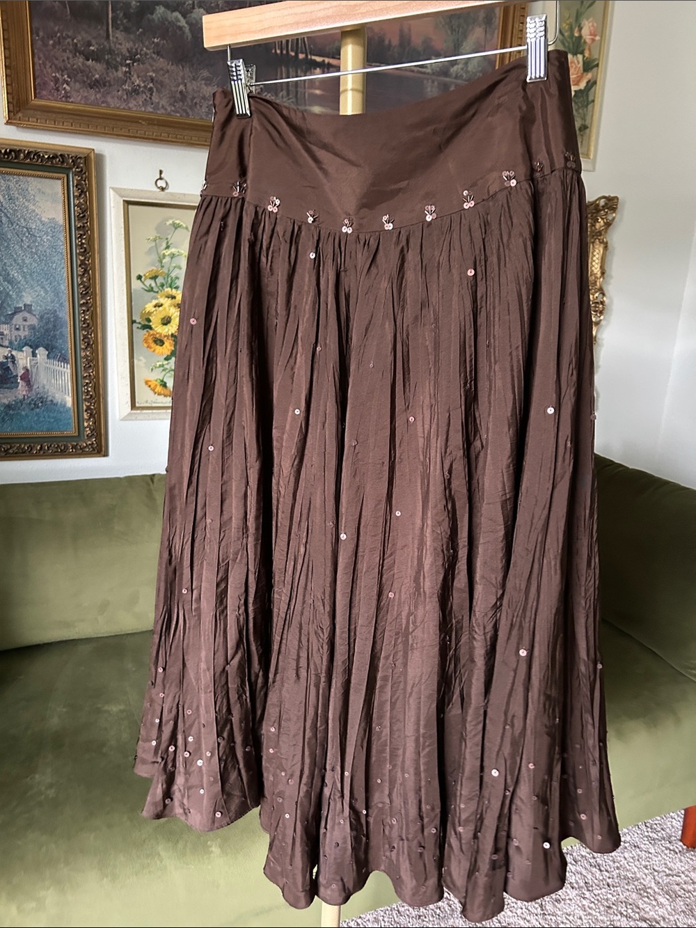 Vintage 100% Silk Laura Ashley Brown Skirt with Sequin Accents - Picture 4 of 5